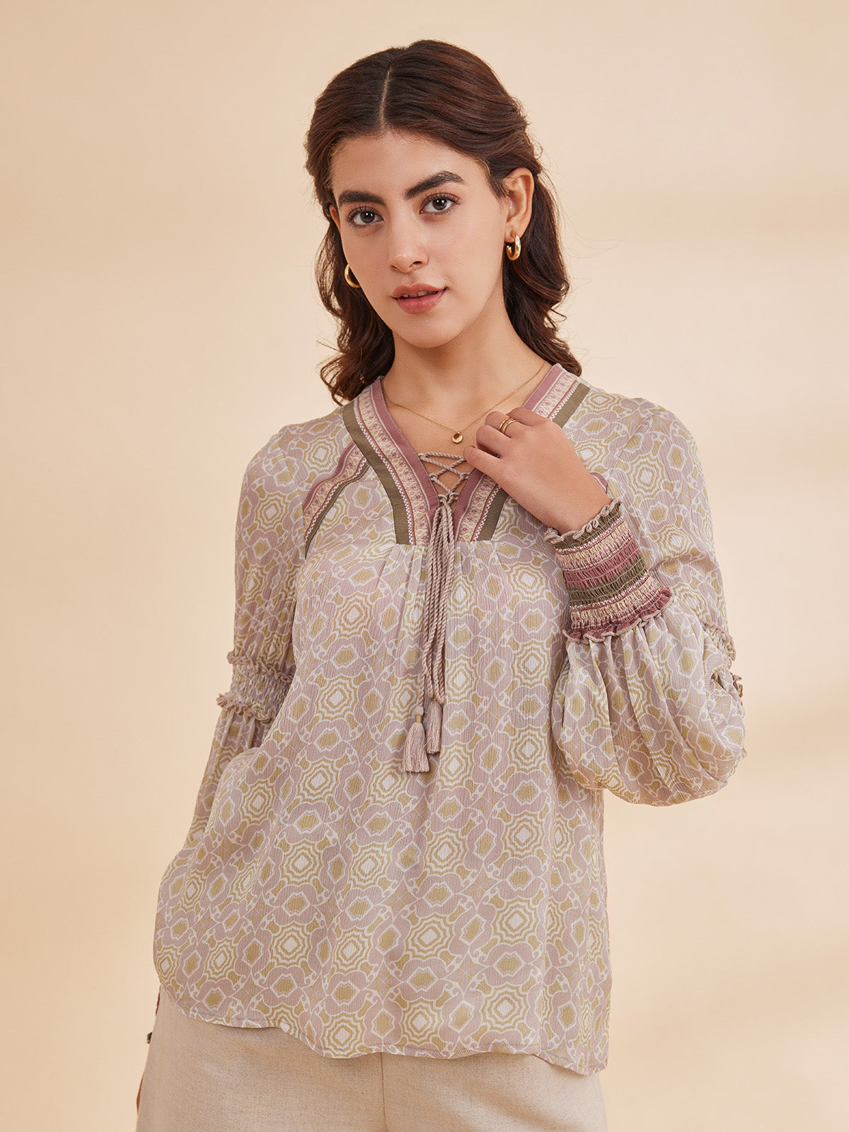 Alizeh - Printed Bemberg Satin Chiffon Peasant Top image 2