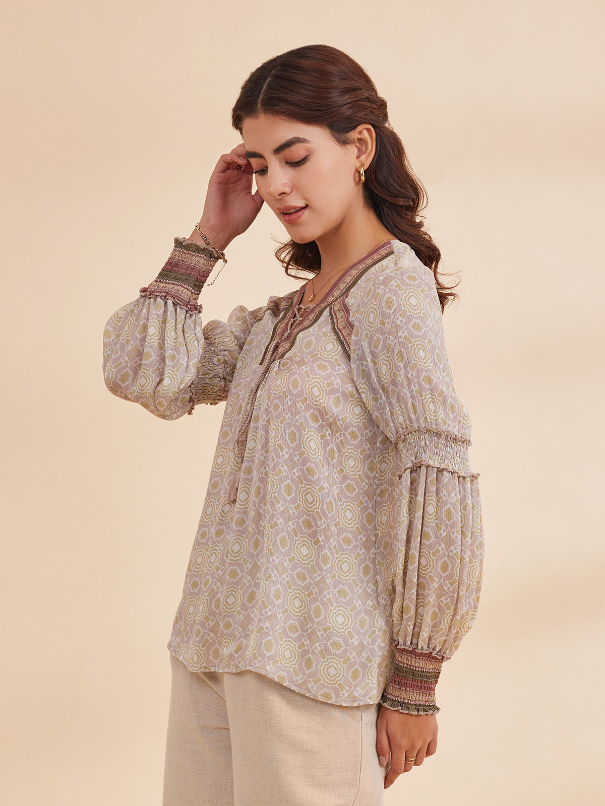 Alizeh - Printed Bemberg Satin Chiffon Peasant Top image 4