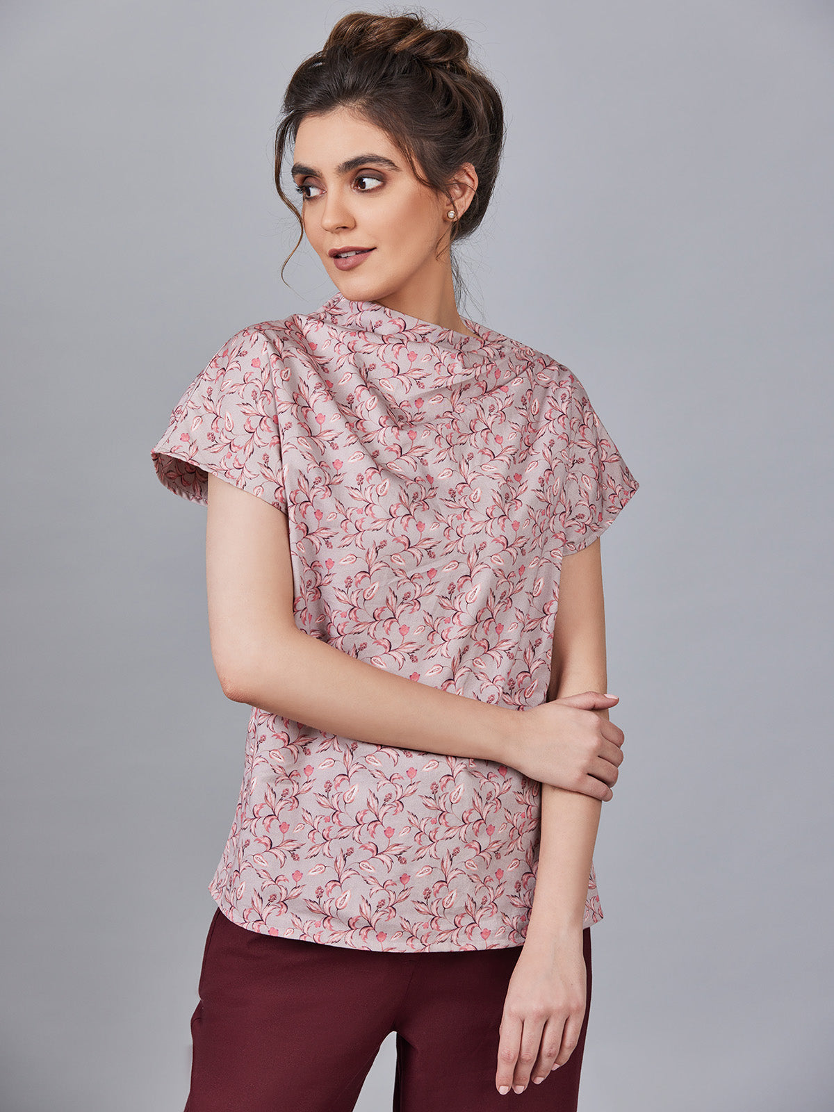 Anya - Printed Organic Cotton Top With Draped Shoulder-pink image 2