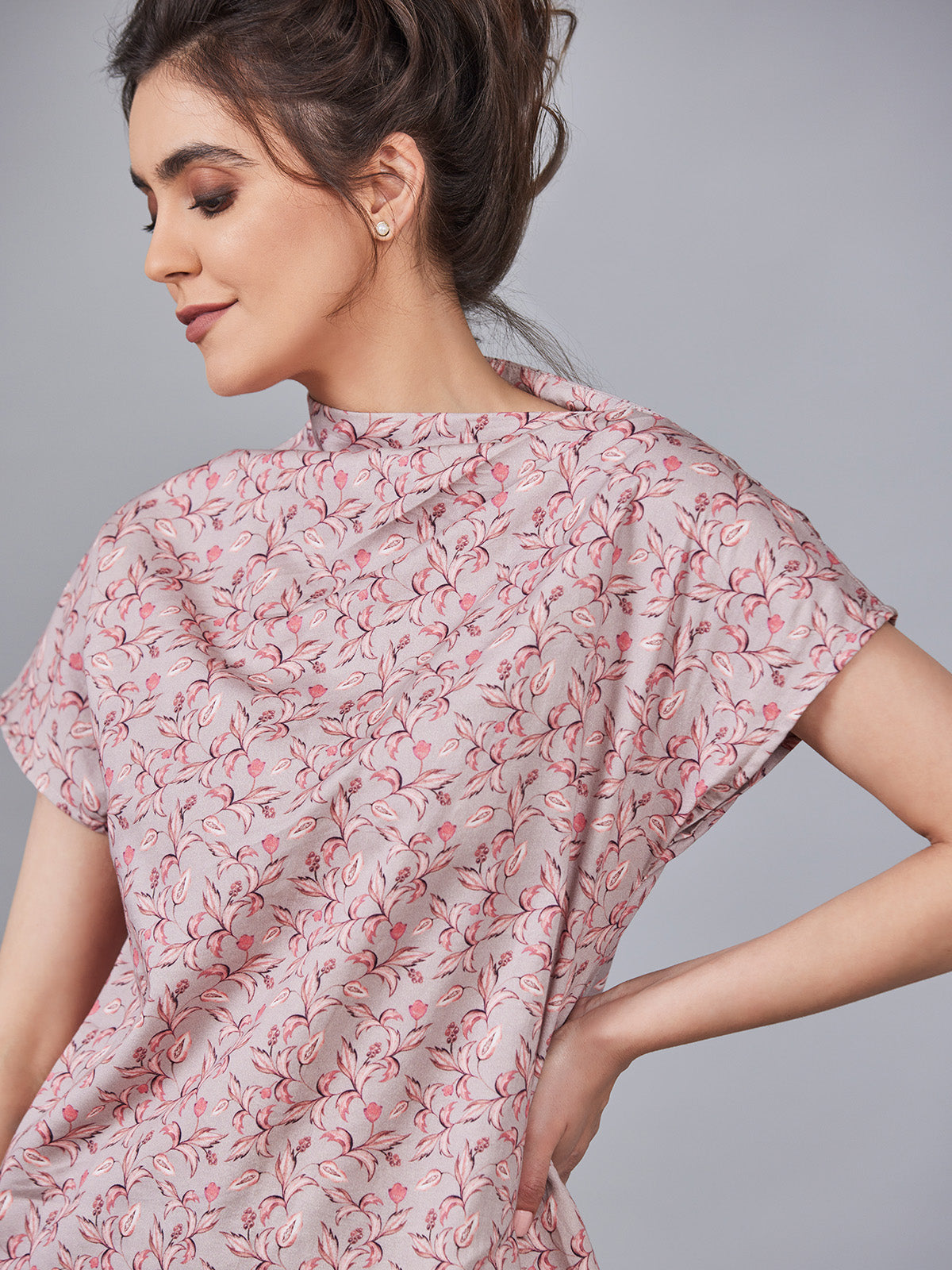 Anya - Printed Organic Cotton Top With Draped Shoulder-pink image 3