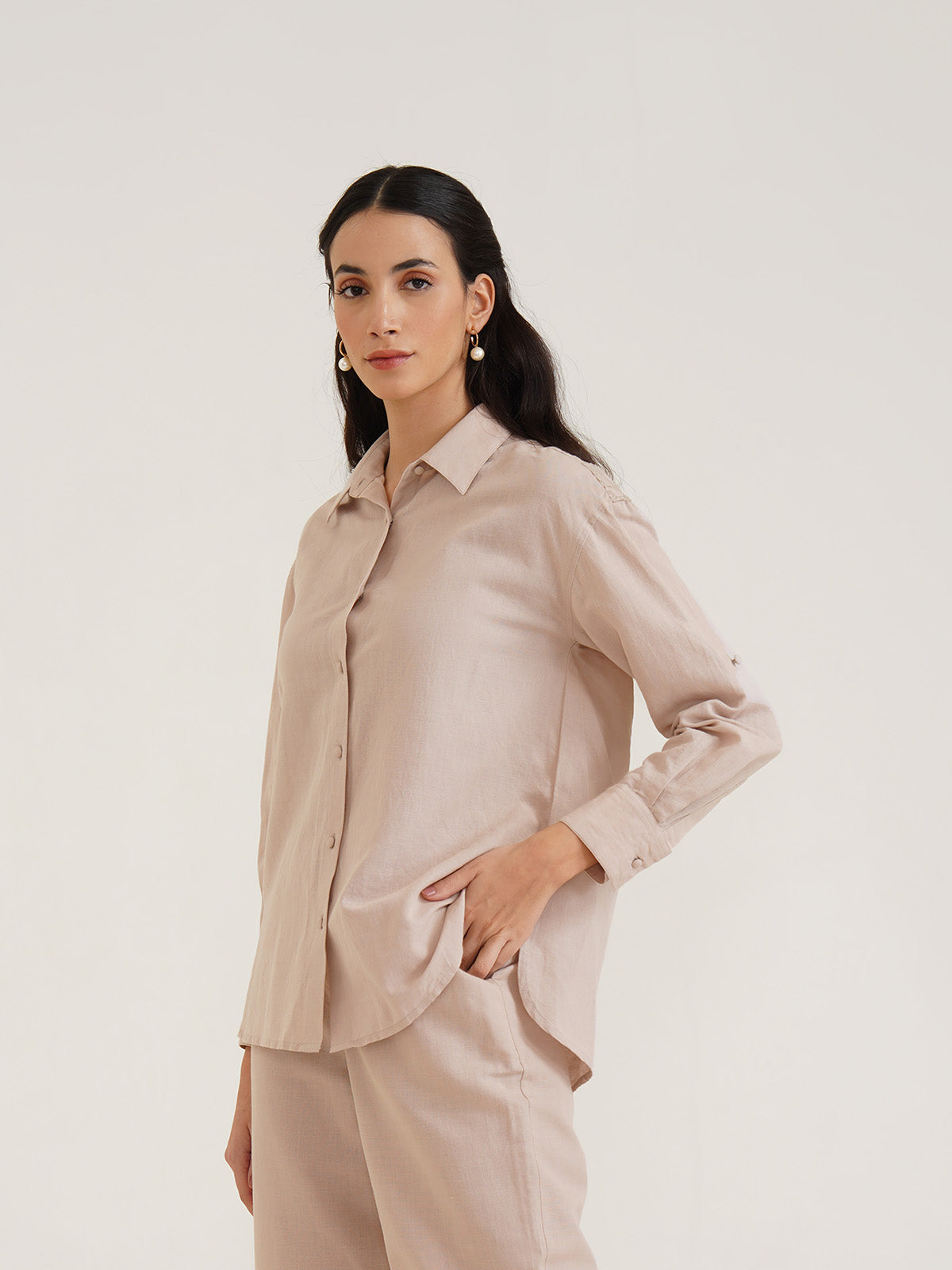 Biewe - Linen Drop Shoulder Linen Shirt With Cutwork Embroidery image 6