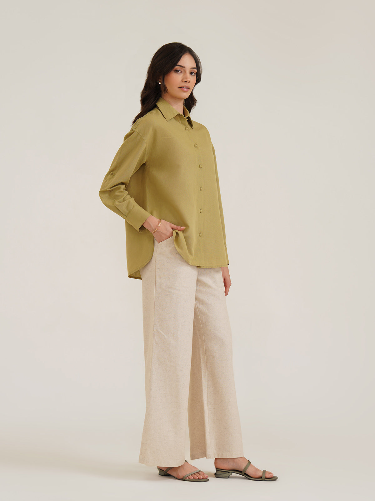Biewe - Linen Drop Shoulder Linen Shirt With Cutwork Embroidery image 7