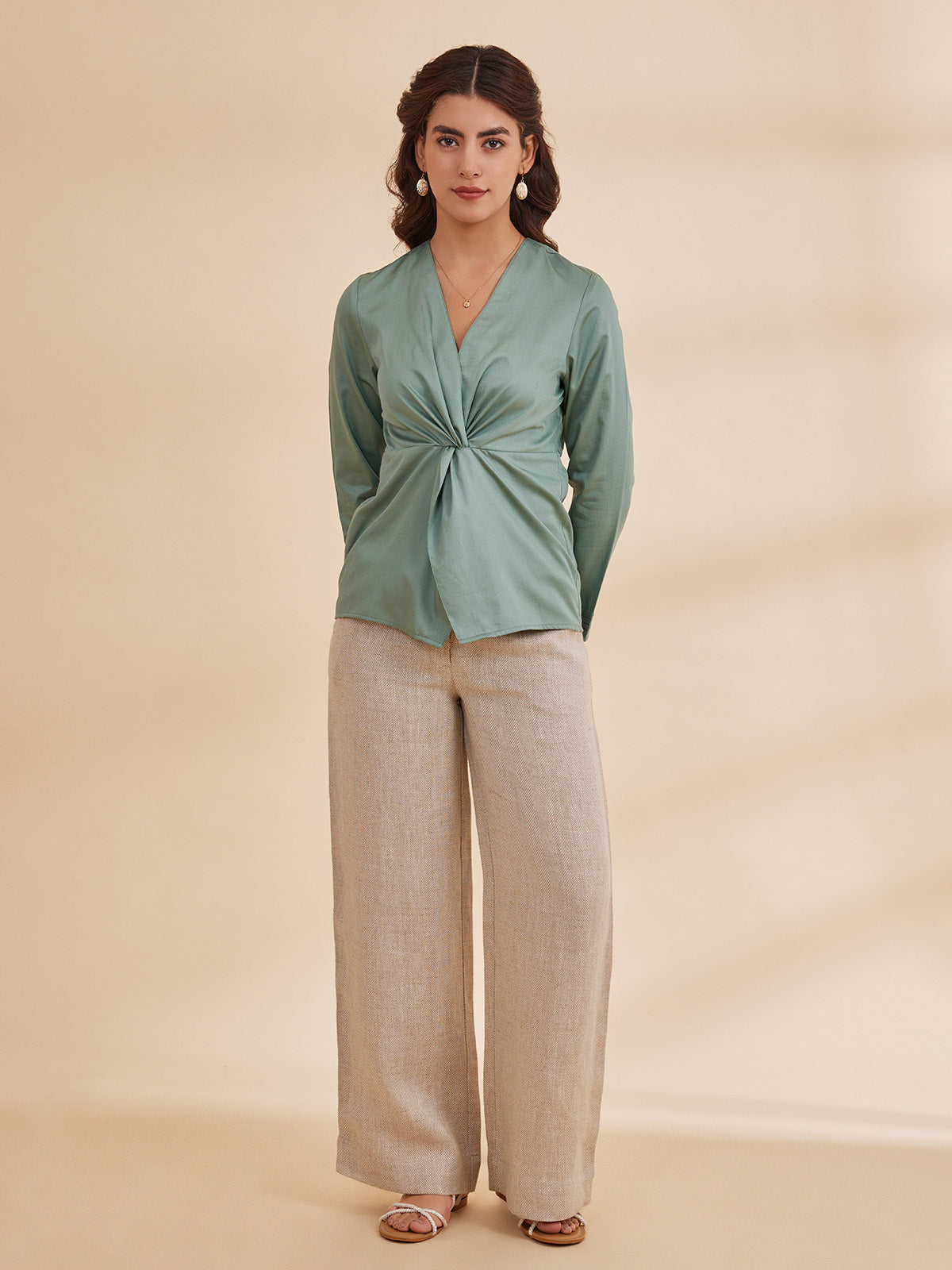 Brianna - Green Wrap Style Cotton Satin Top image 5