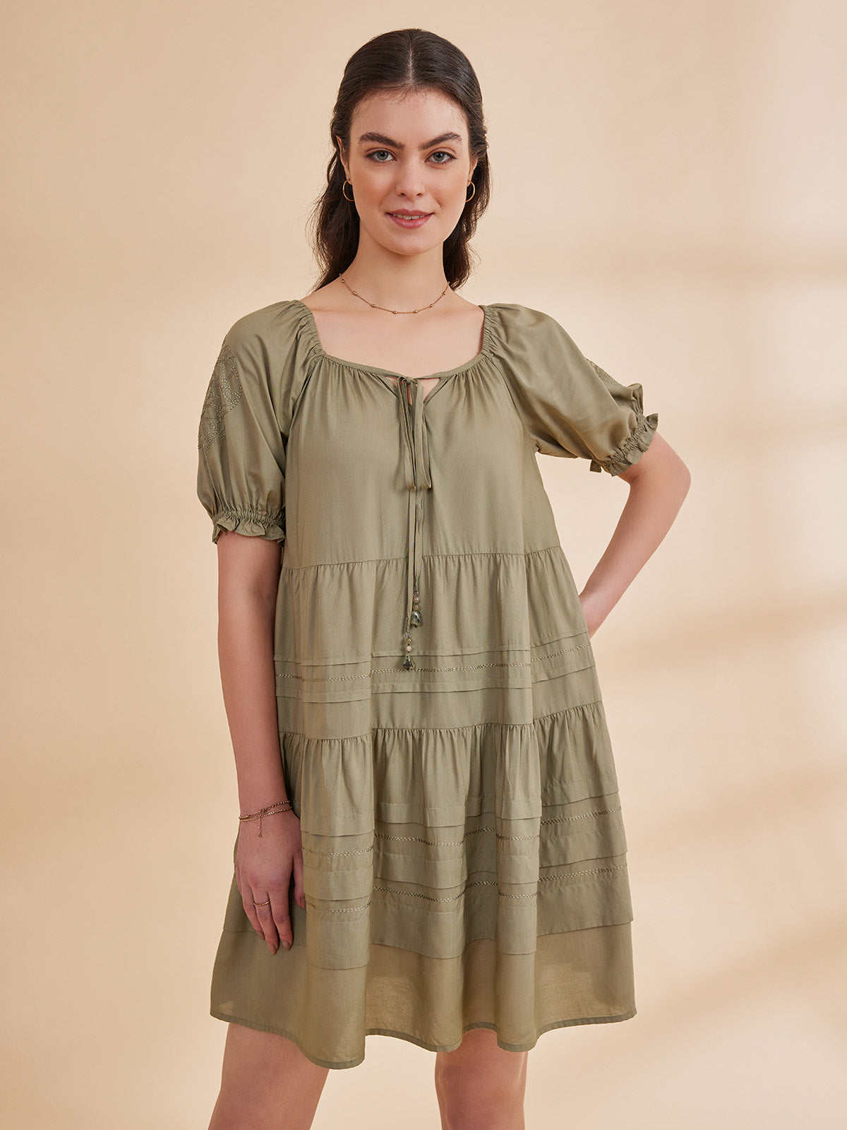 Ayat - Organic Bamboo Tiered Peasant Green Dress image 2