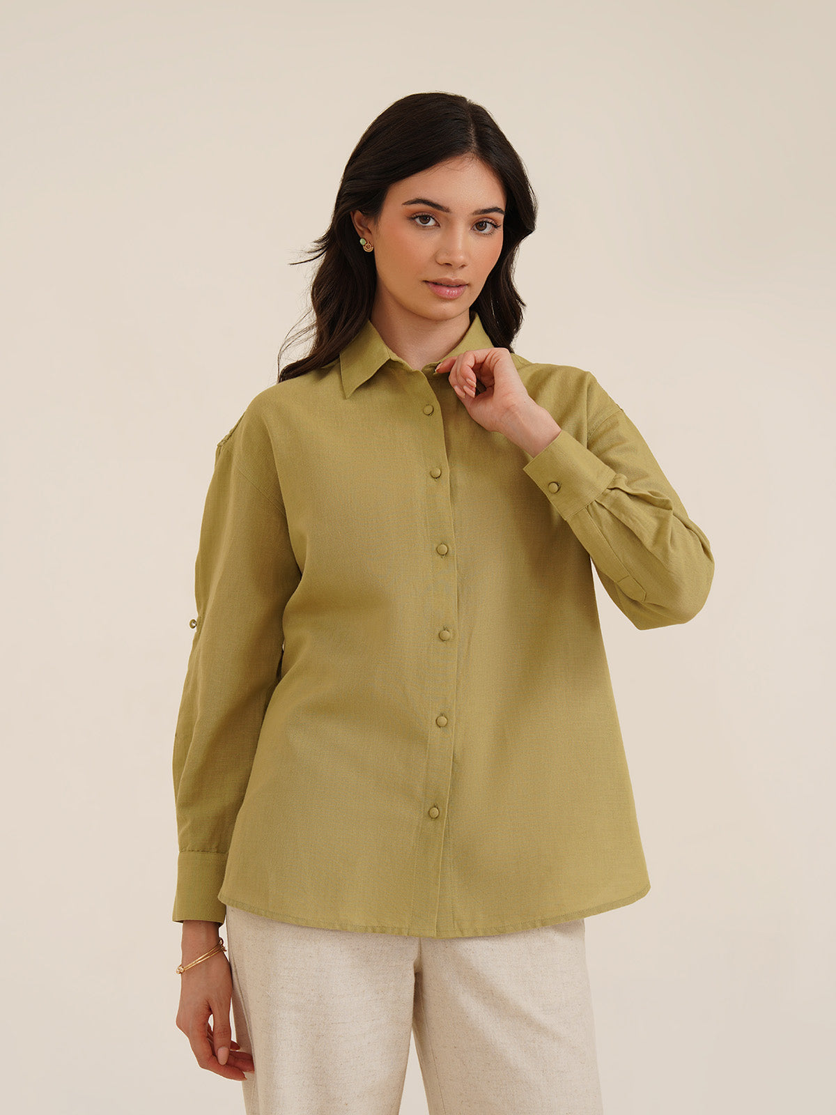 Biewe - Linen Drop Shoulder Linen Shirt With Cutwork Embroidery image 5