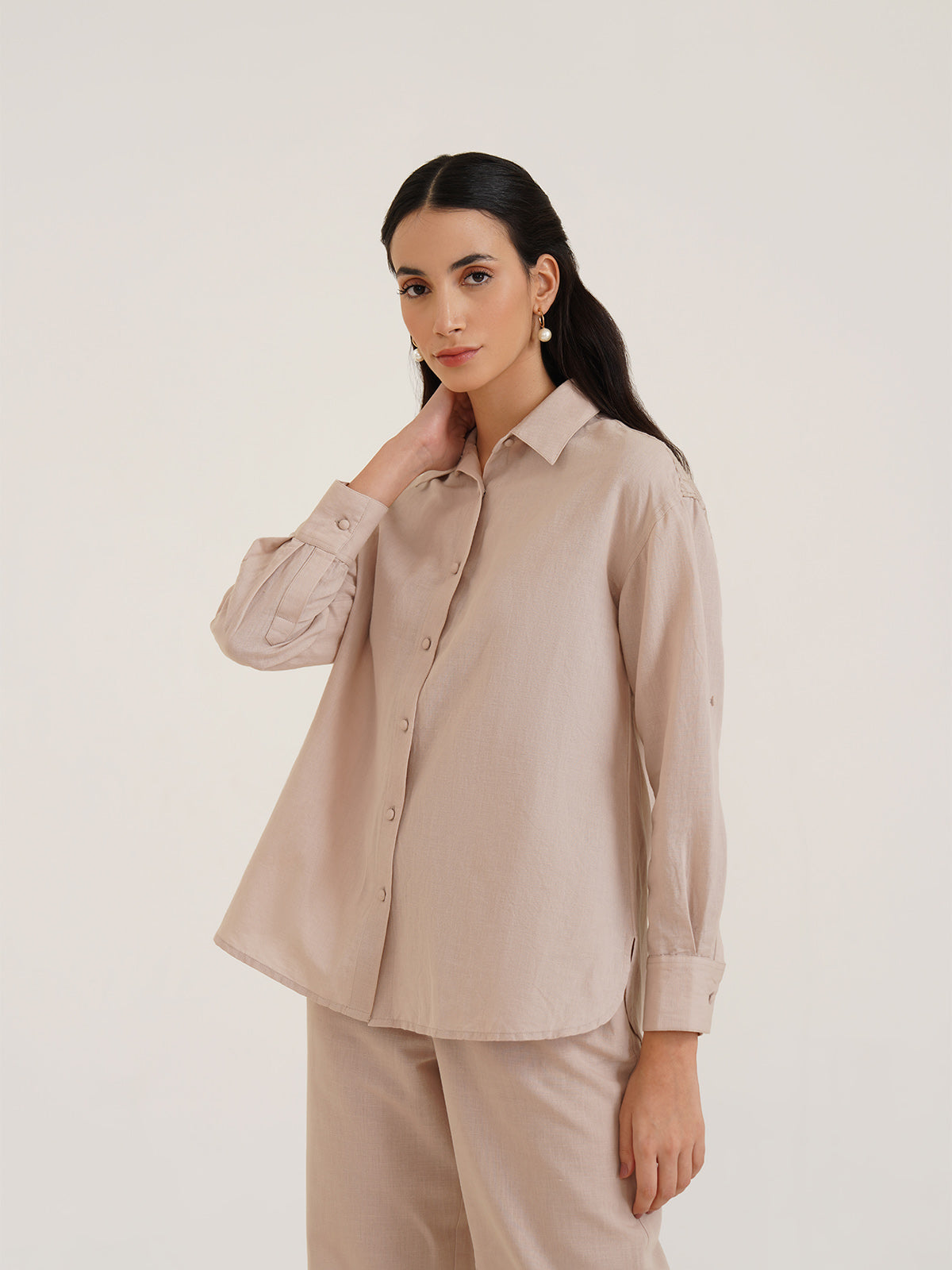 Biewe - Linen Drop Shoulder Linen Shirt With Cutwork Embroidery image 8