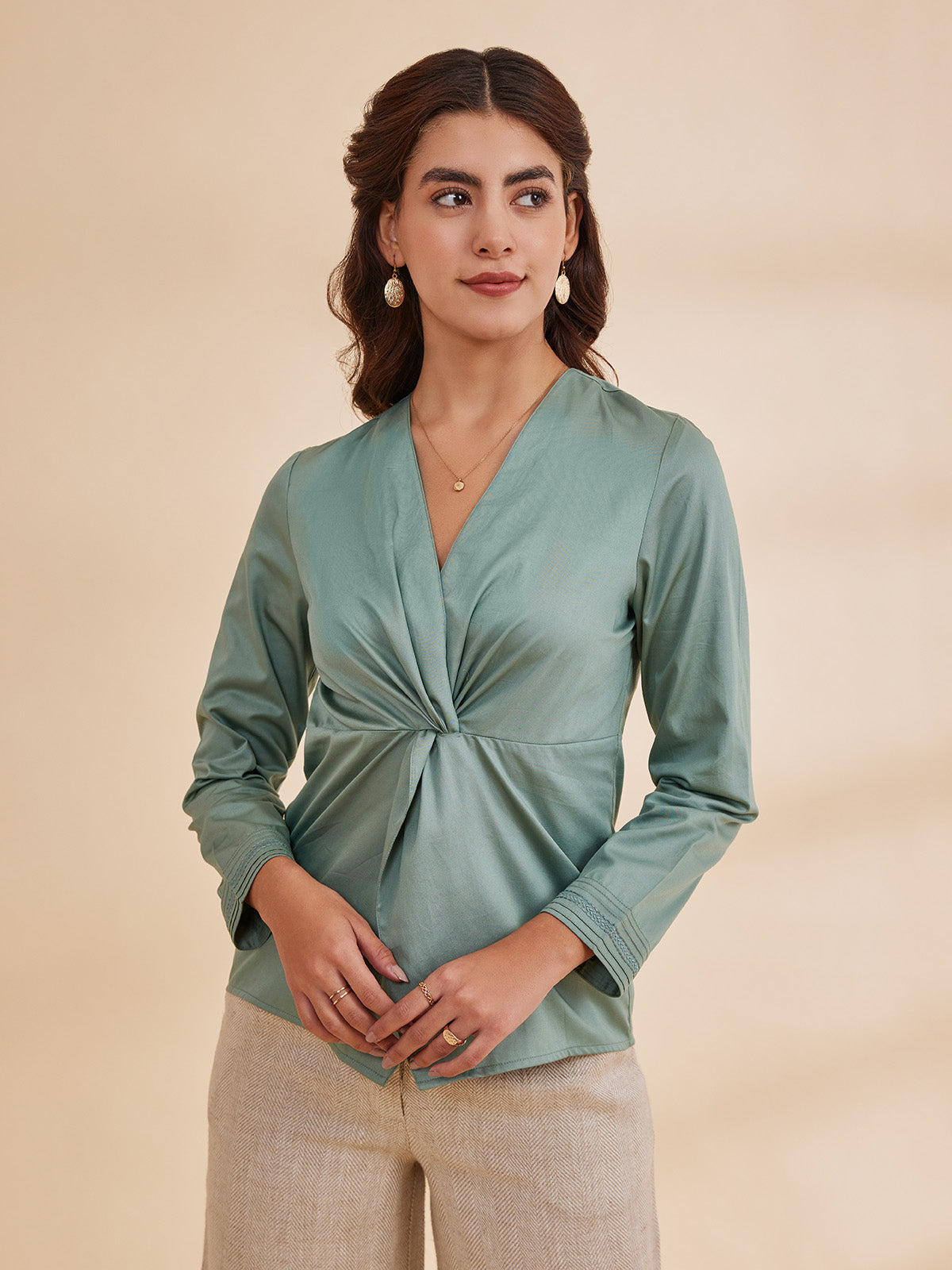 Brianna - Green Wrap Style Cotton Satin Top image 6
