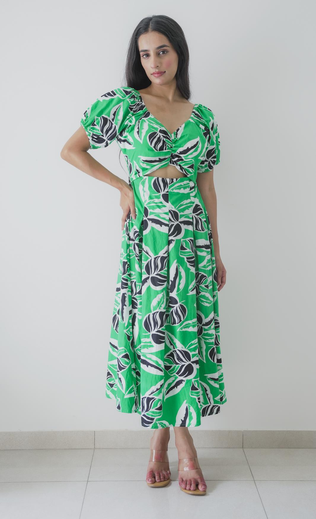 Tropical Leaf Print Cut-out Midi Dress