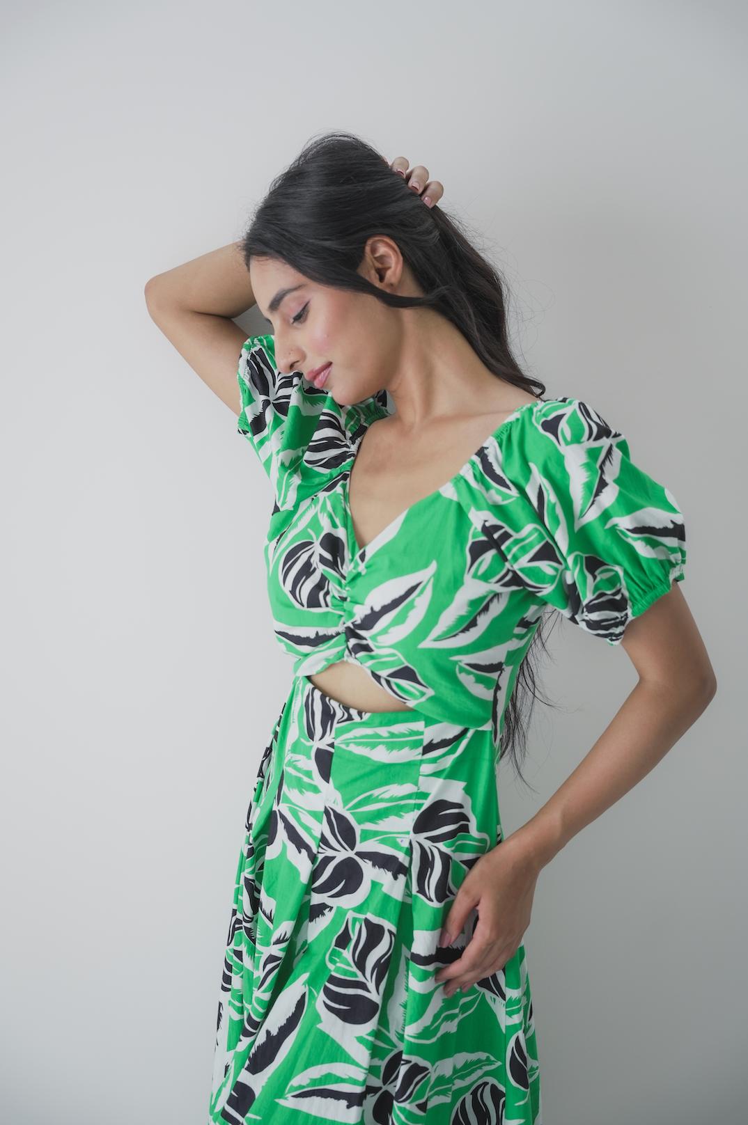 Tropical Leaf Print Cut-out Midi Dress image 3