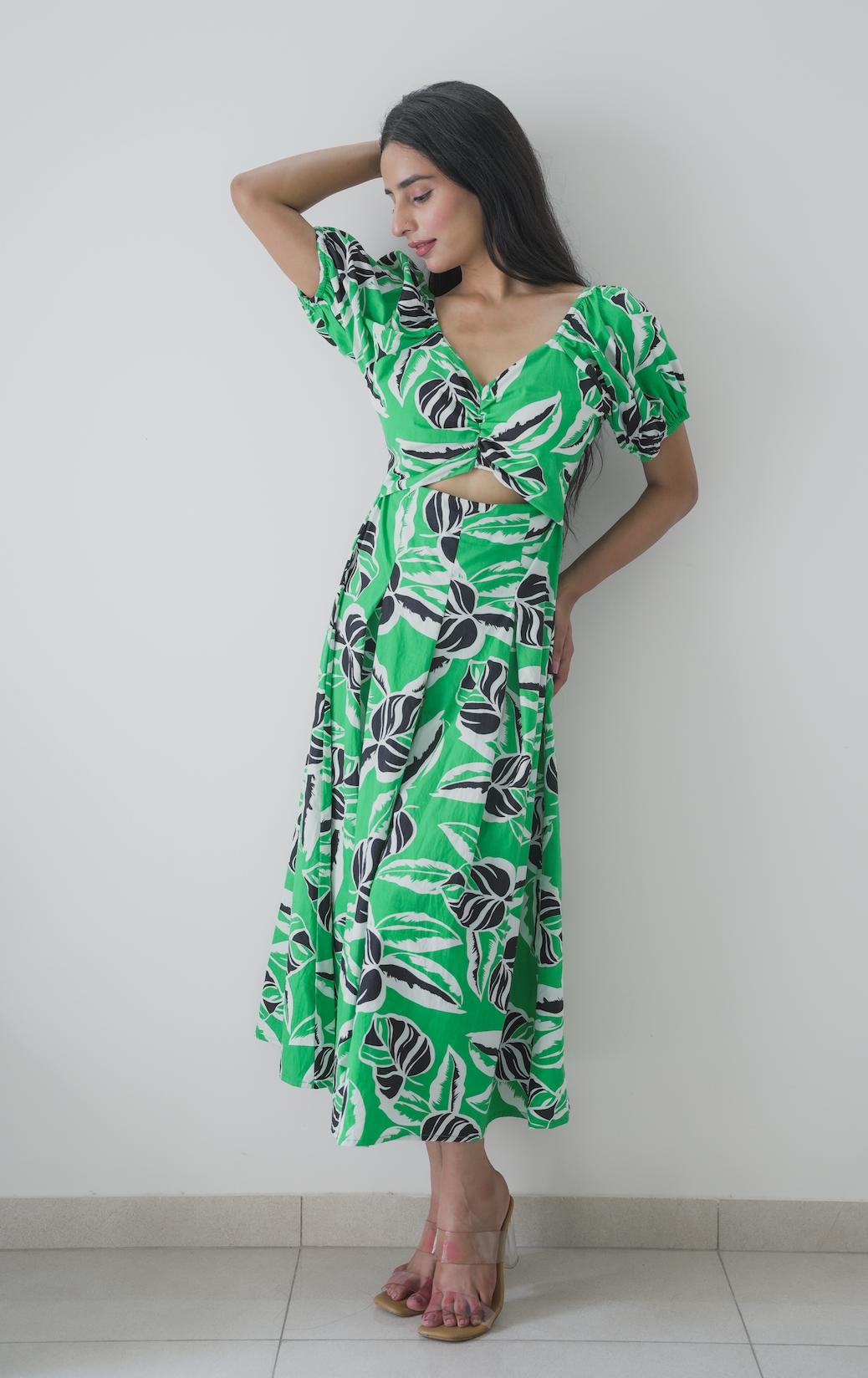 Tropical Leaf Print Cut-out Midi Dress image 4