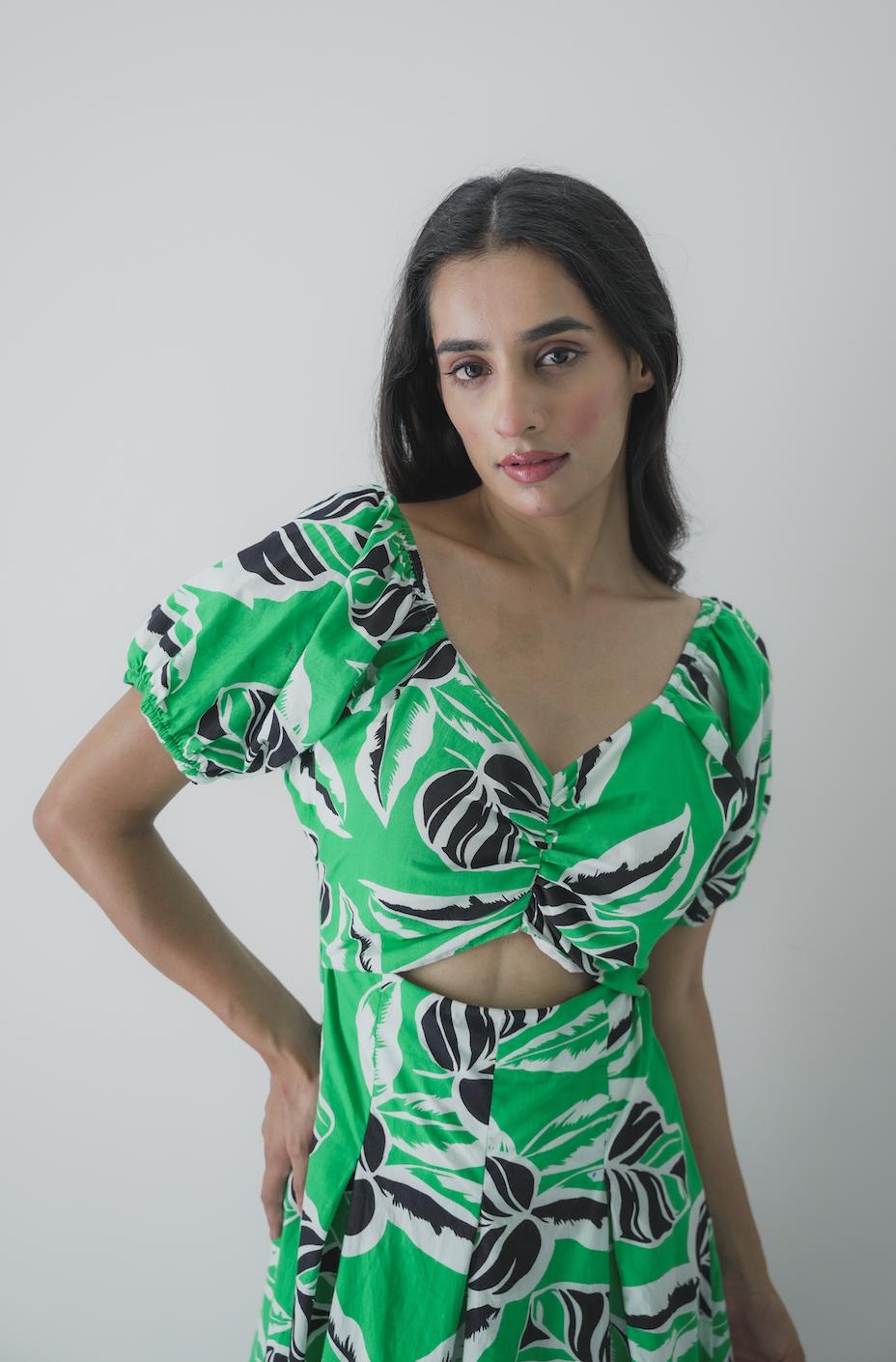 Tropical Leaf Print Cut-out Midi Dress image 5