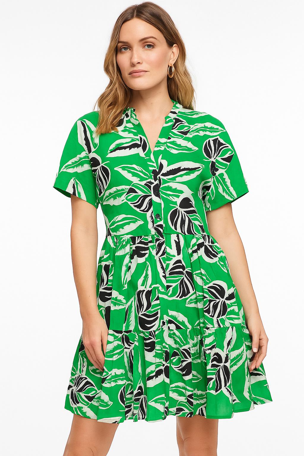 Tropical Leaf Print Button-front Dress