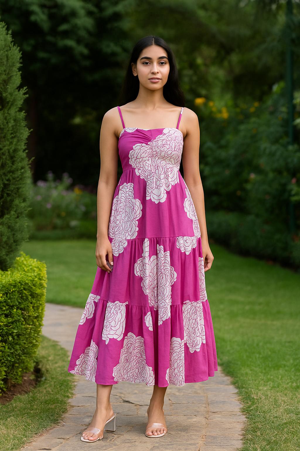 Pink Floral Tiered Cotton Dress