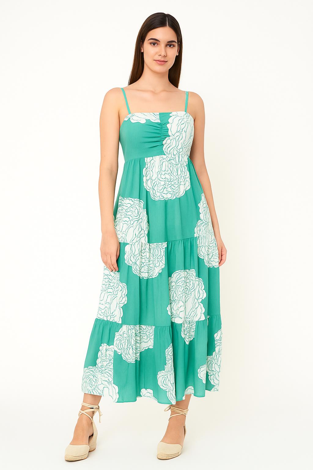Turquoise Floral Tiered Cotton Dress