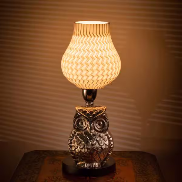 3D Printed Table Lamp Shade Theme: Wave Owl: Silver Finish image 2