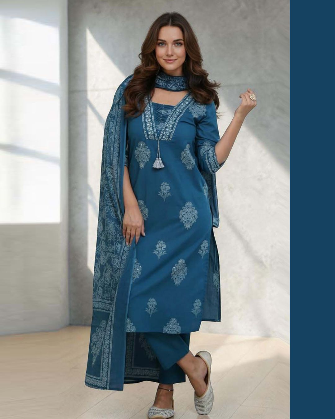 Blue Cotton Kurta Set With Mulmul Dupatta image 2