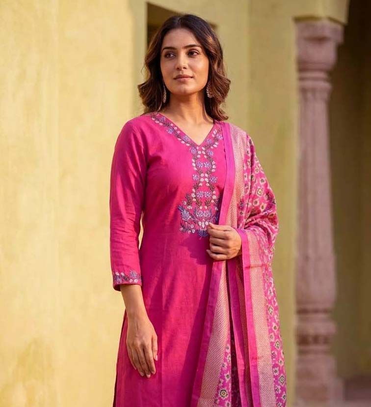 Pink Embroidered Cotton Kurta Set image 2