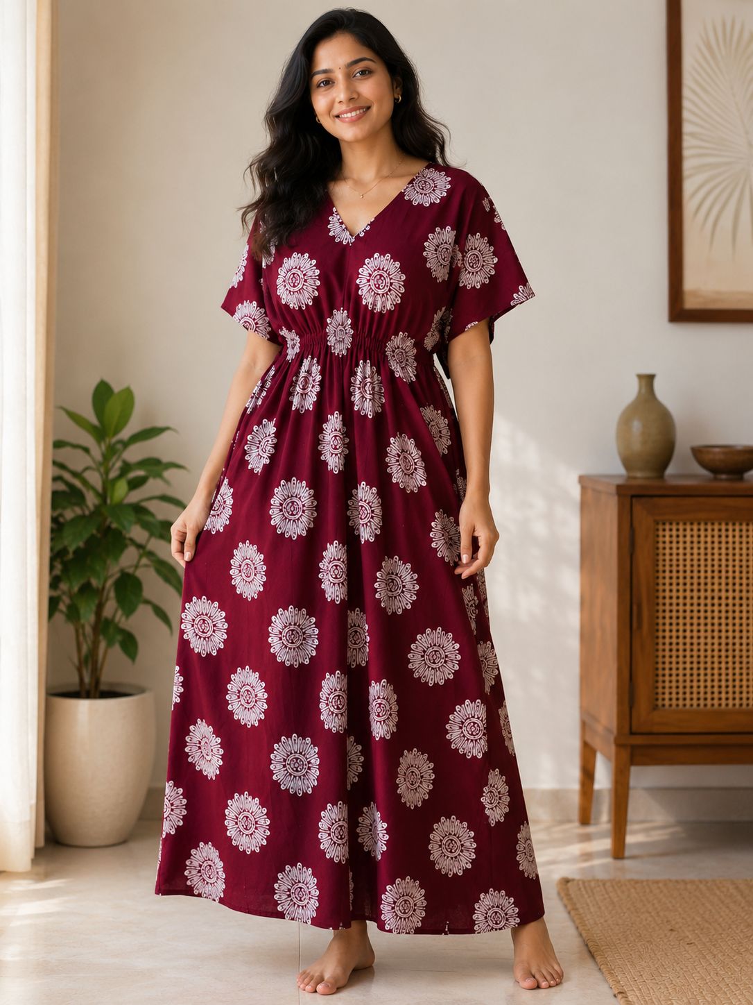 Cutique Free Size Cotton Kaftan Nighty For Women | Kaftan Maxi | Kaftan Night Gowns | Stylish Cotton Nighty For Women image 2