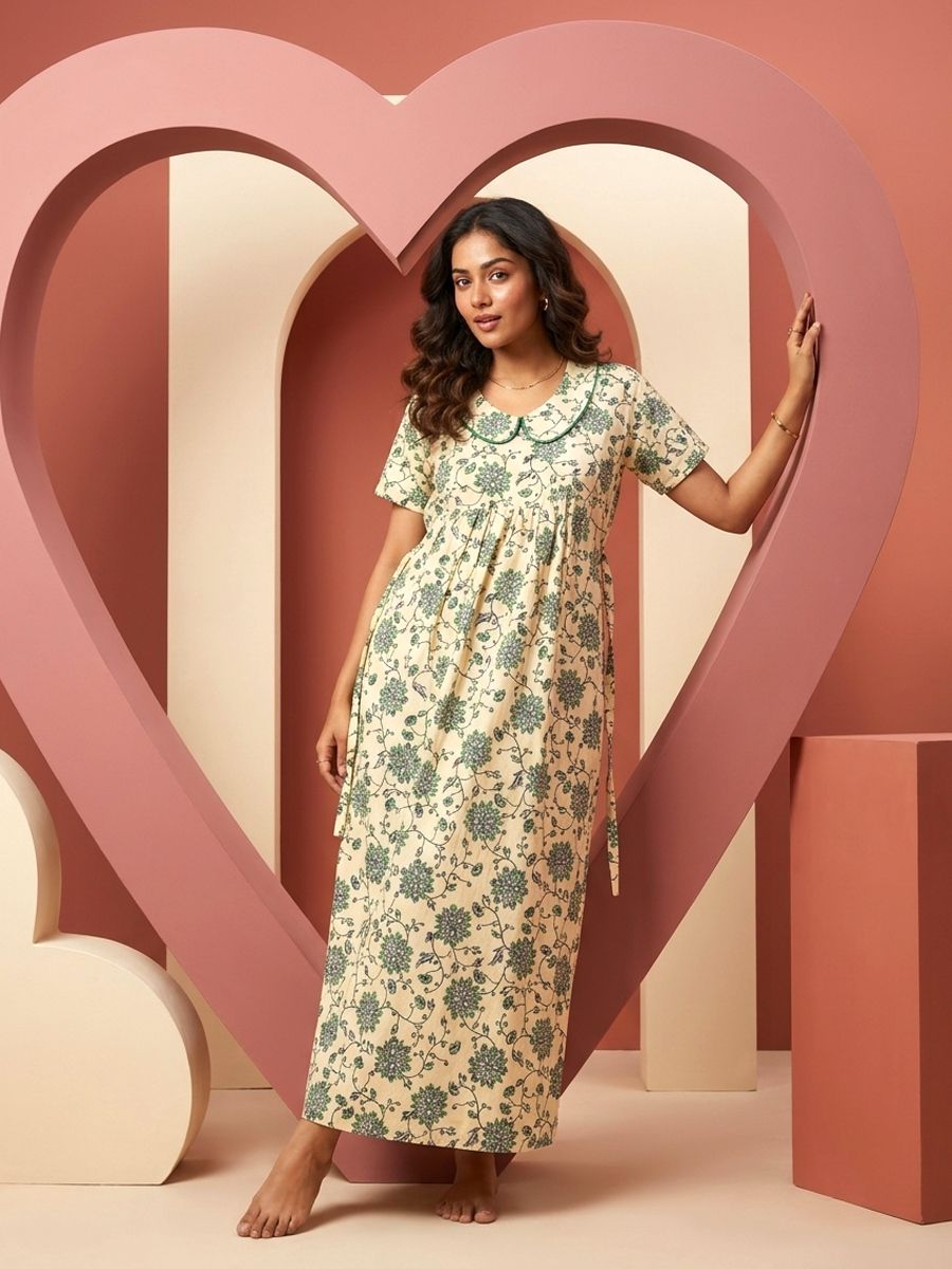 Women's Cotton Nighty Frock, Free Size (UPTO Xxl) Cream image 5