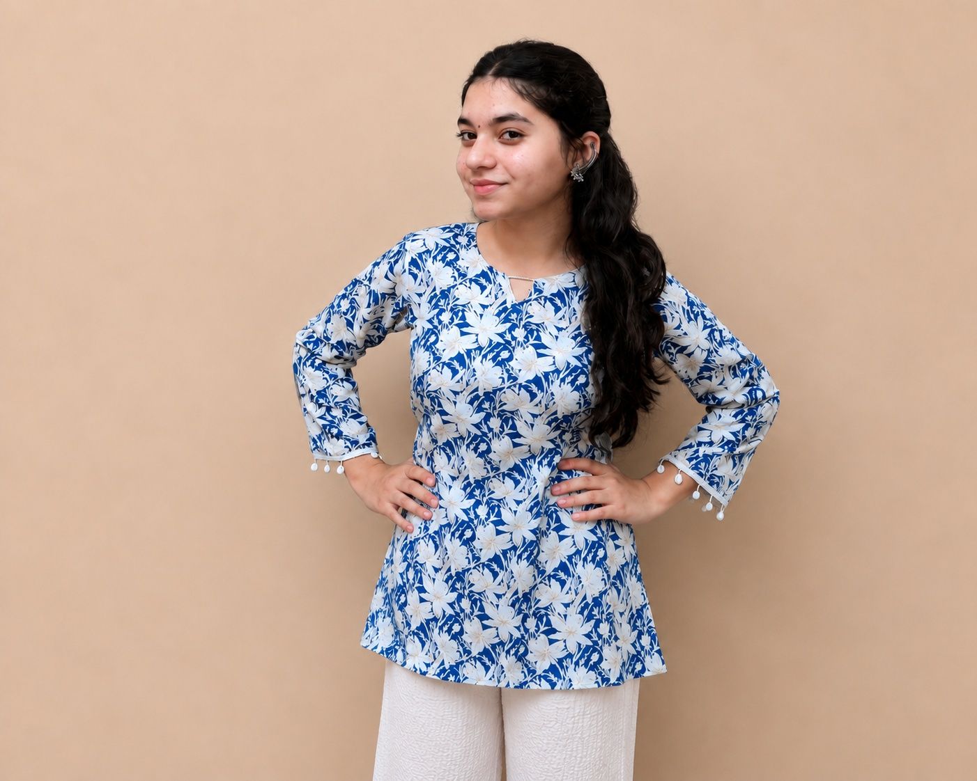Blue Floral Cotton Short Kurti With Back Tie-up image 4