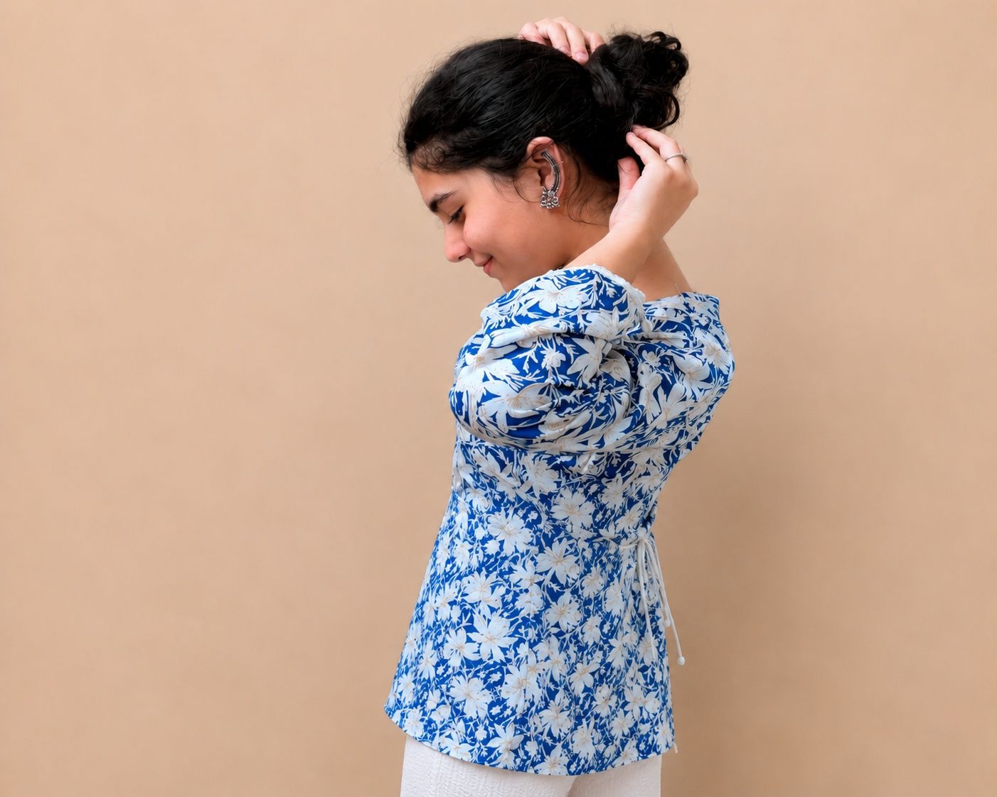 Blue Floral Cotton Short Kurti With Back Tie-up image 3