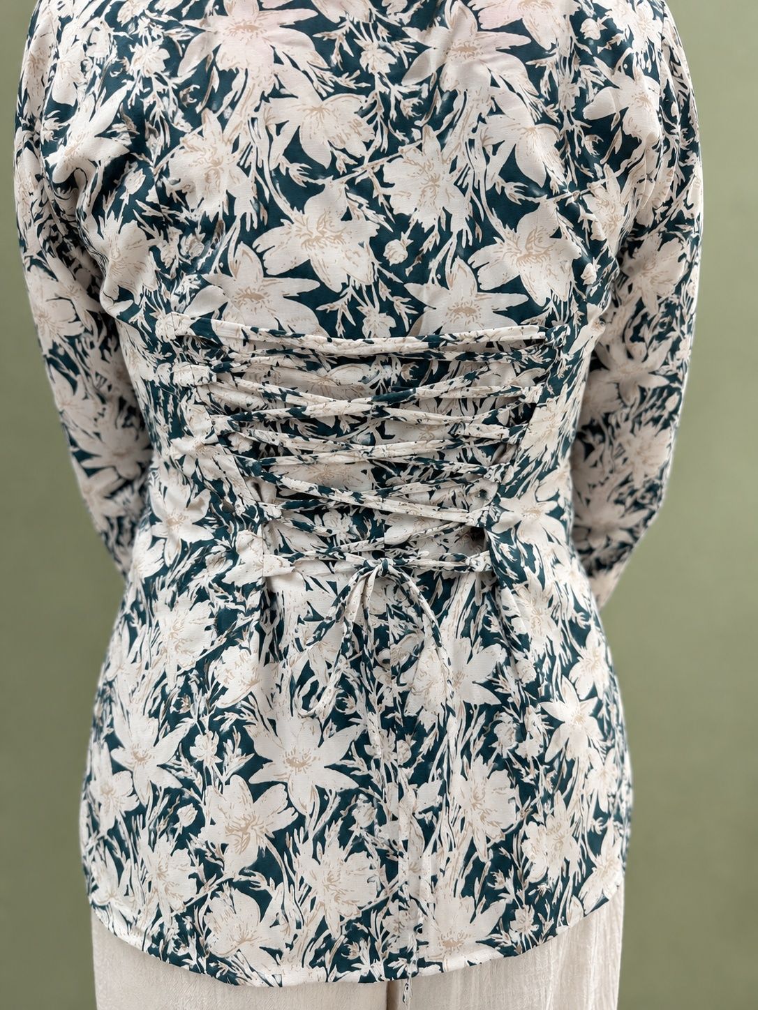 Trendy Floral Printed Top With Designer Lace Sleeves & Back Tie-up image 2