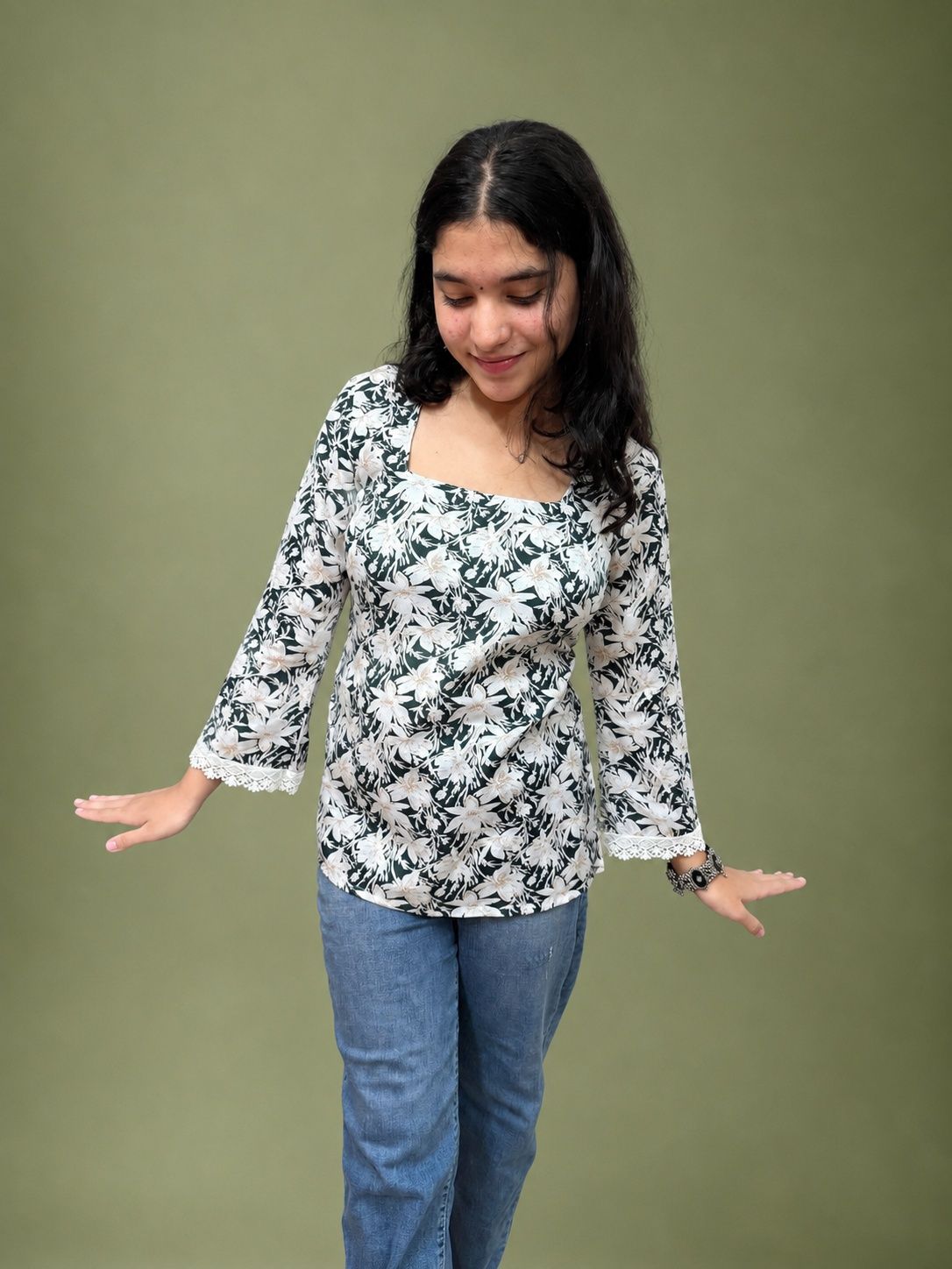 Trendy Floral Printed Top With Designer Lace Sleeves & Back Tie-up image 4