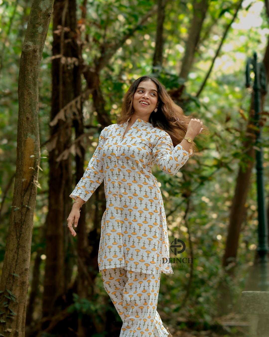 Off-white Marigold Buti Kurta Palazzo Set | Dfinchfashions