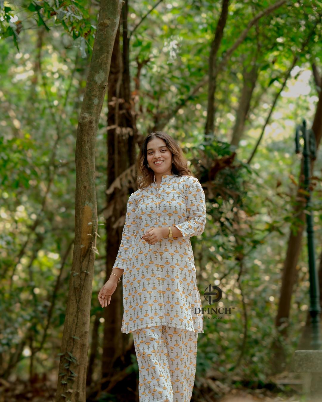 Off-white Marigold Buti Kurta Palazzo Set | Dfinchfashions image 4