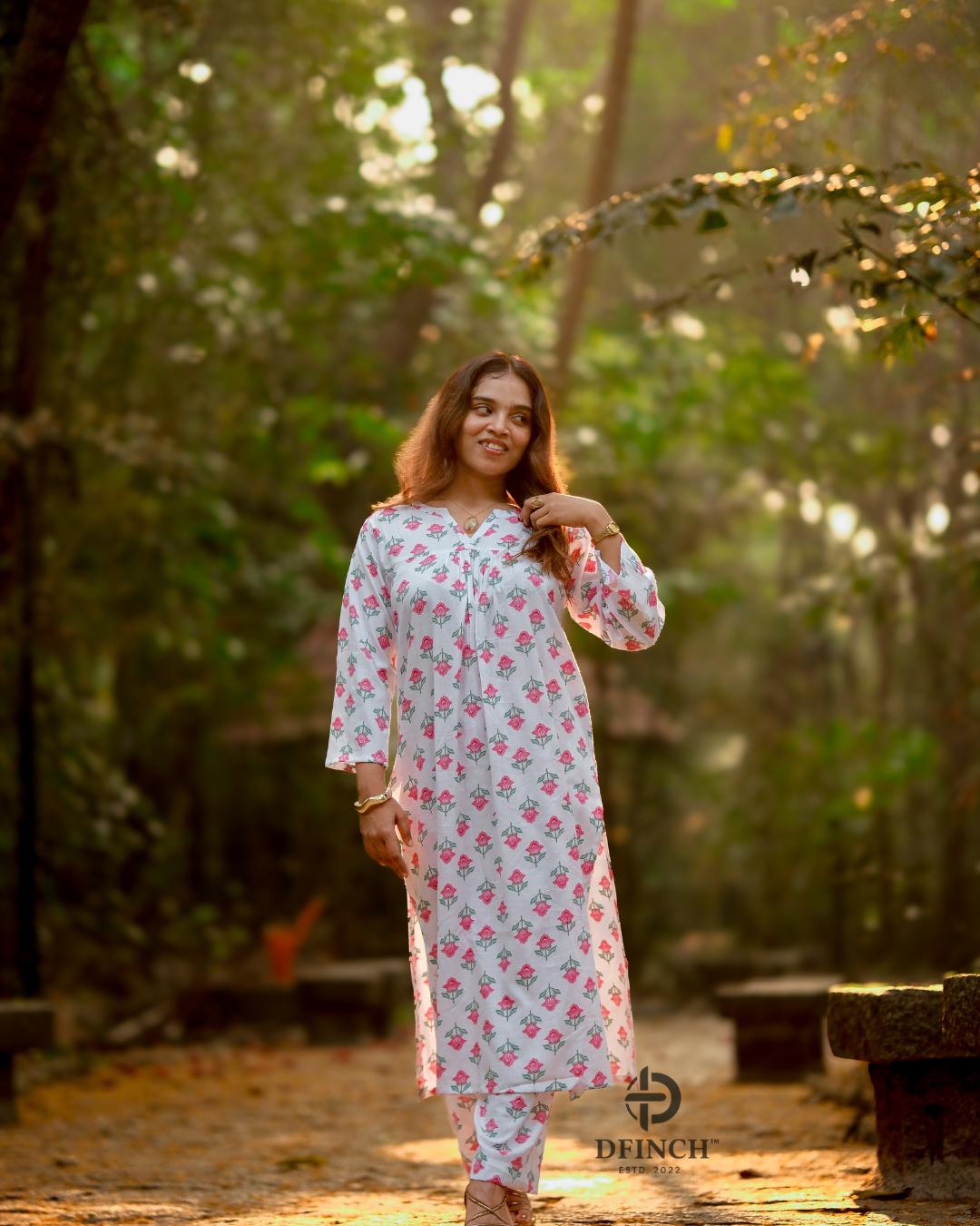 White Pink Floral Kurta Palazzo Set | Co-ord Set For Women