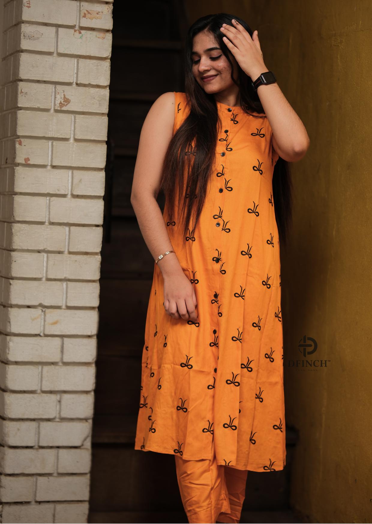 Mustard Printed Sleeveless Kurti Set | Button Neck Style
