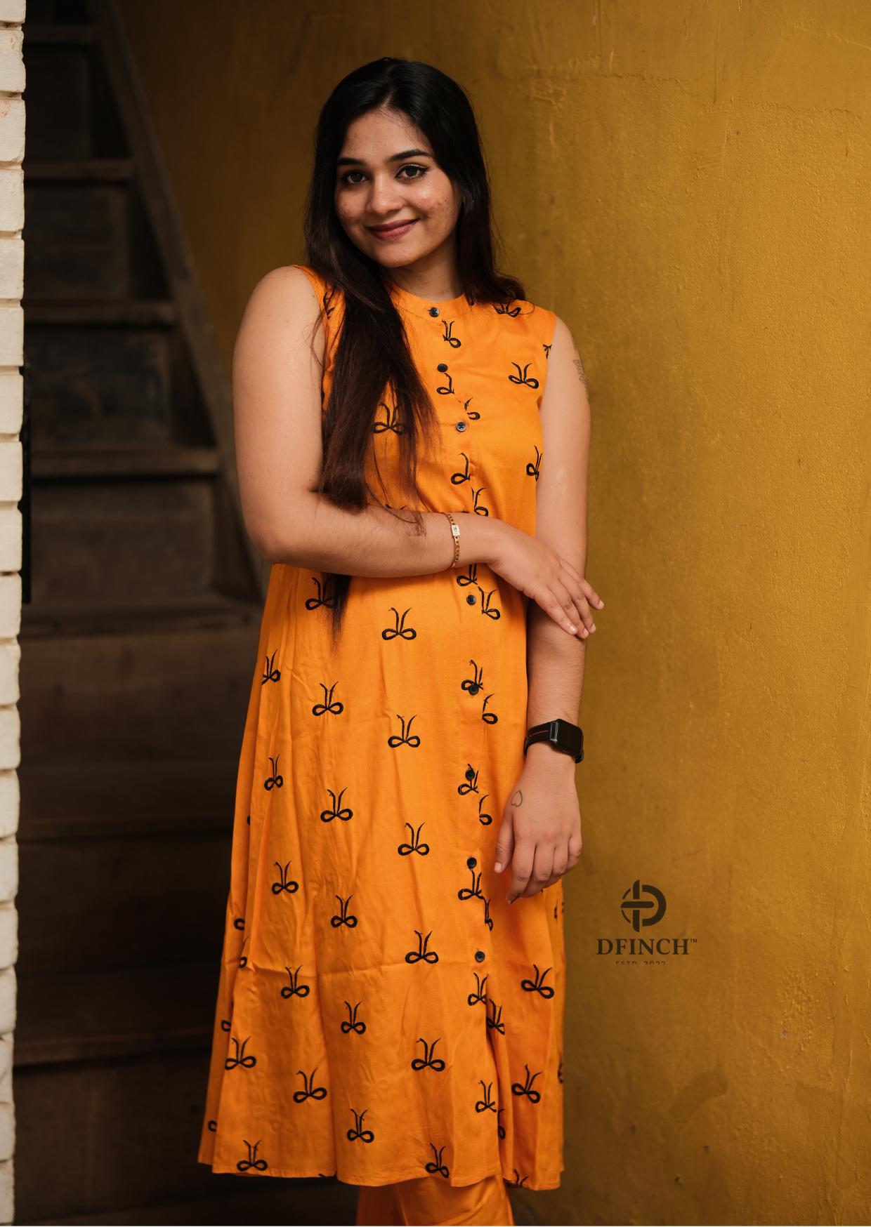 Mustard Printed Sleeveless Kurti Set | Button Neck Style image 3