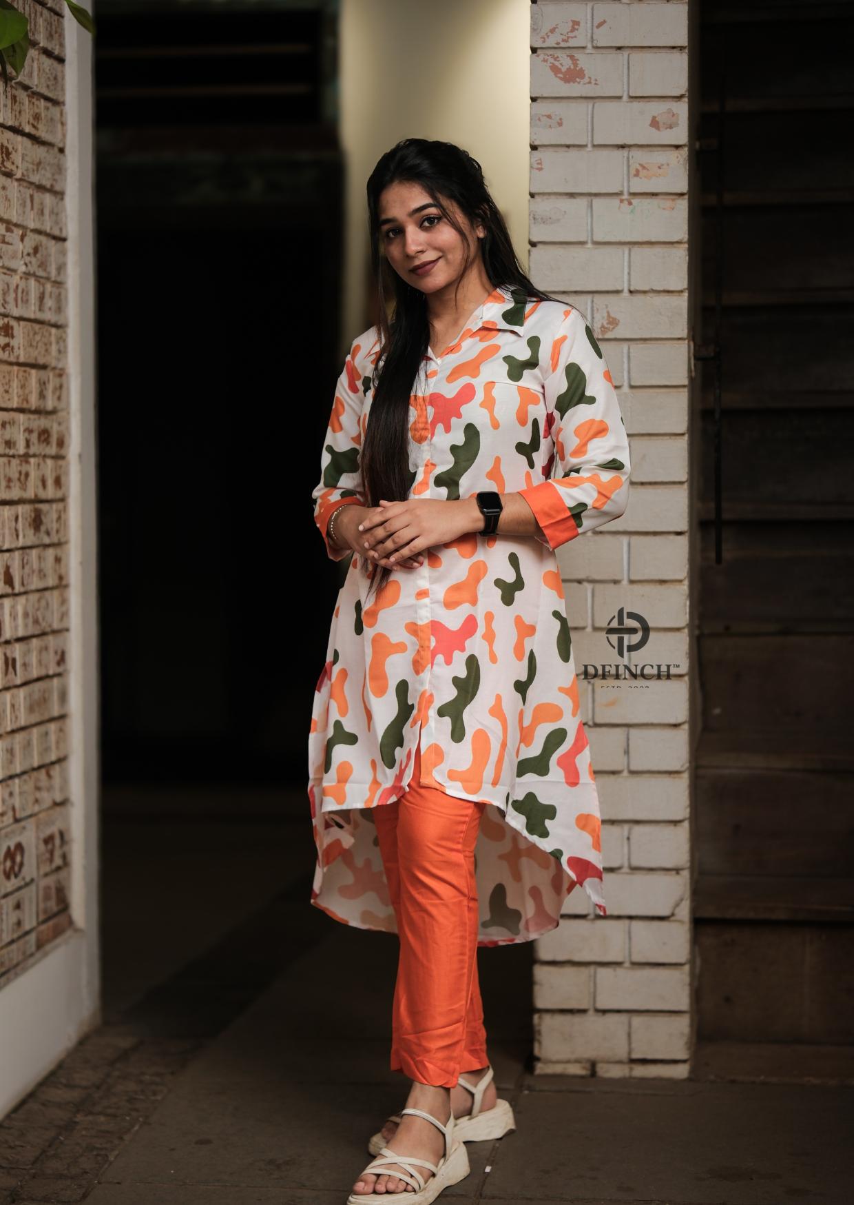 Printed Shirt-style Up And Down Kurti Set | Dfinch Fashions