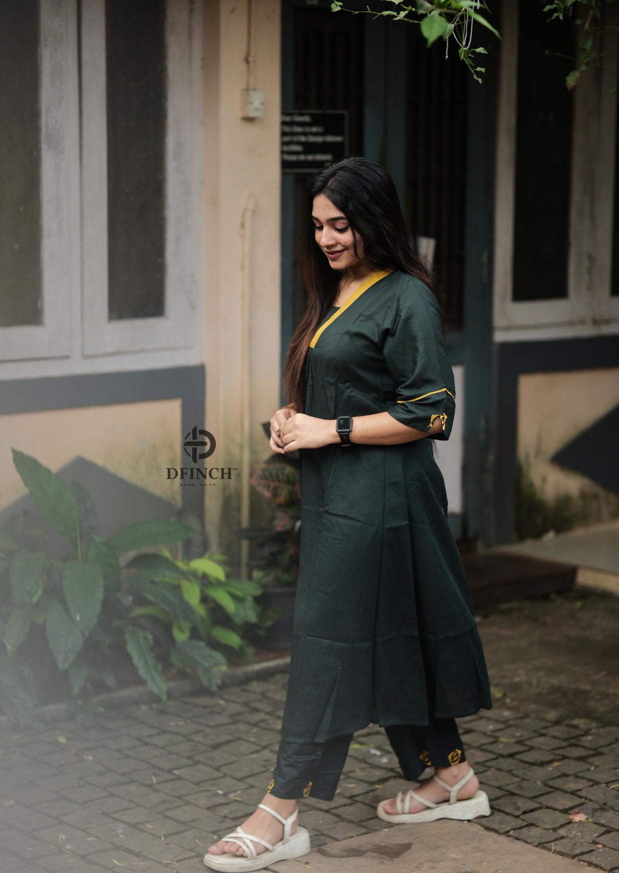 Women‚äôs Dark Green Kurti Set | V-neck & Designer Sleeves