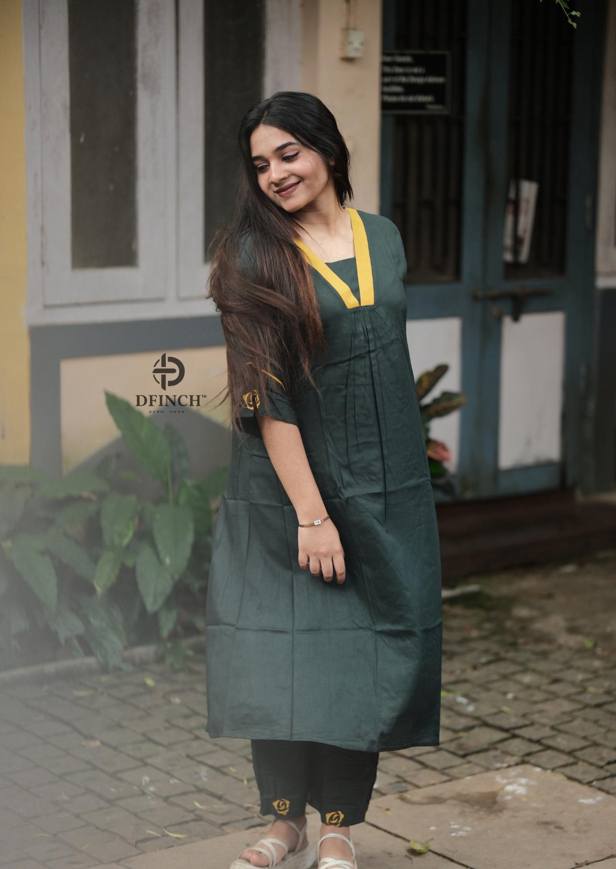 Women‚äôs Dark Green Kurti Set | V-neck & Designer Sleeves image 2