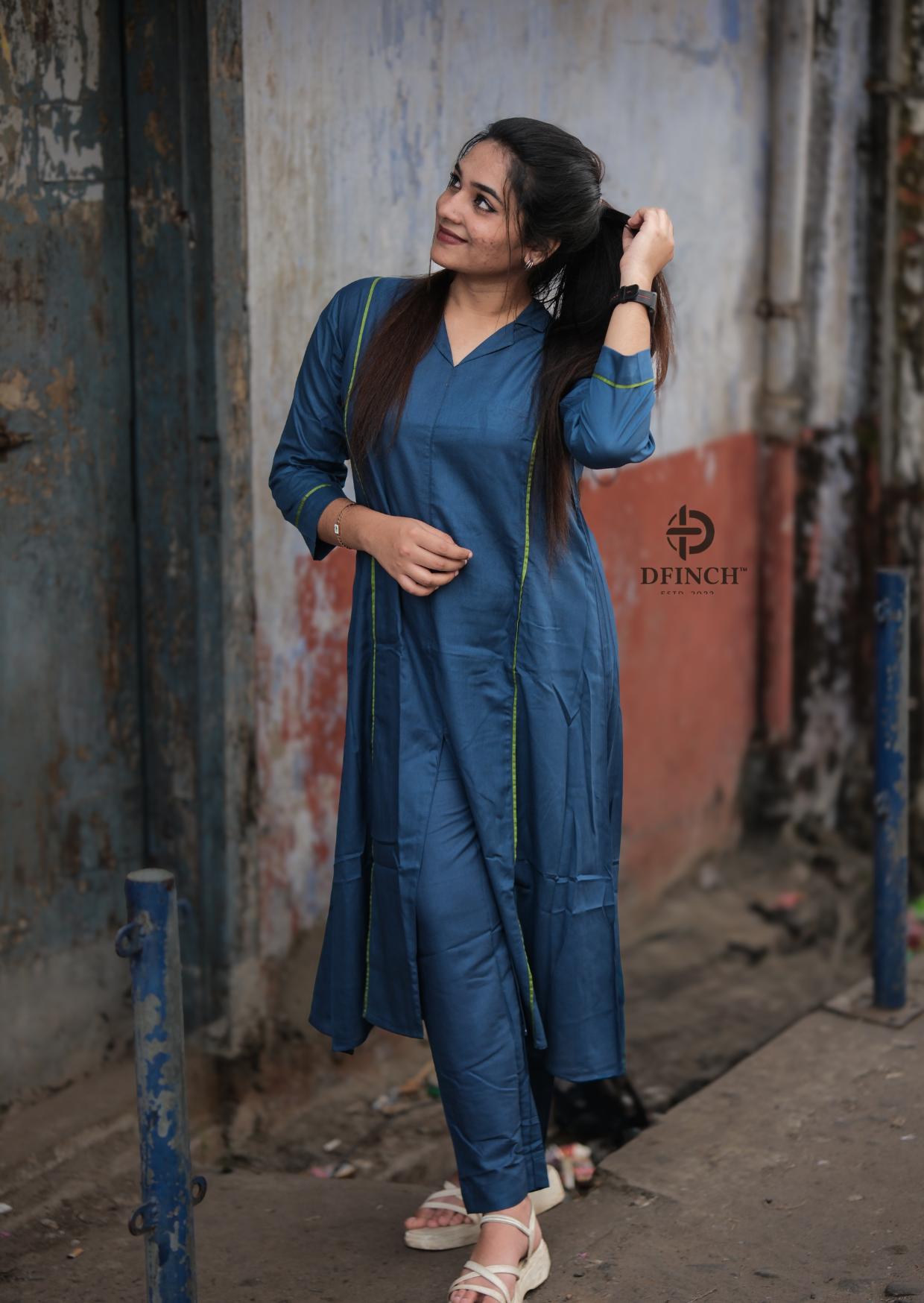 Simple Solid Blue Straight Kurti Set For Women | Dfinch