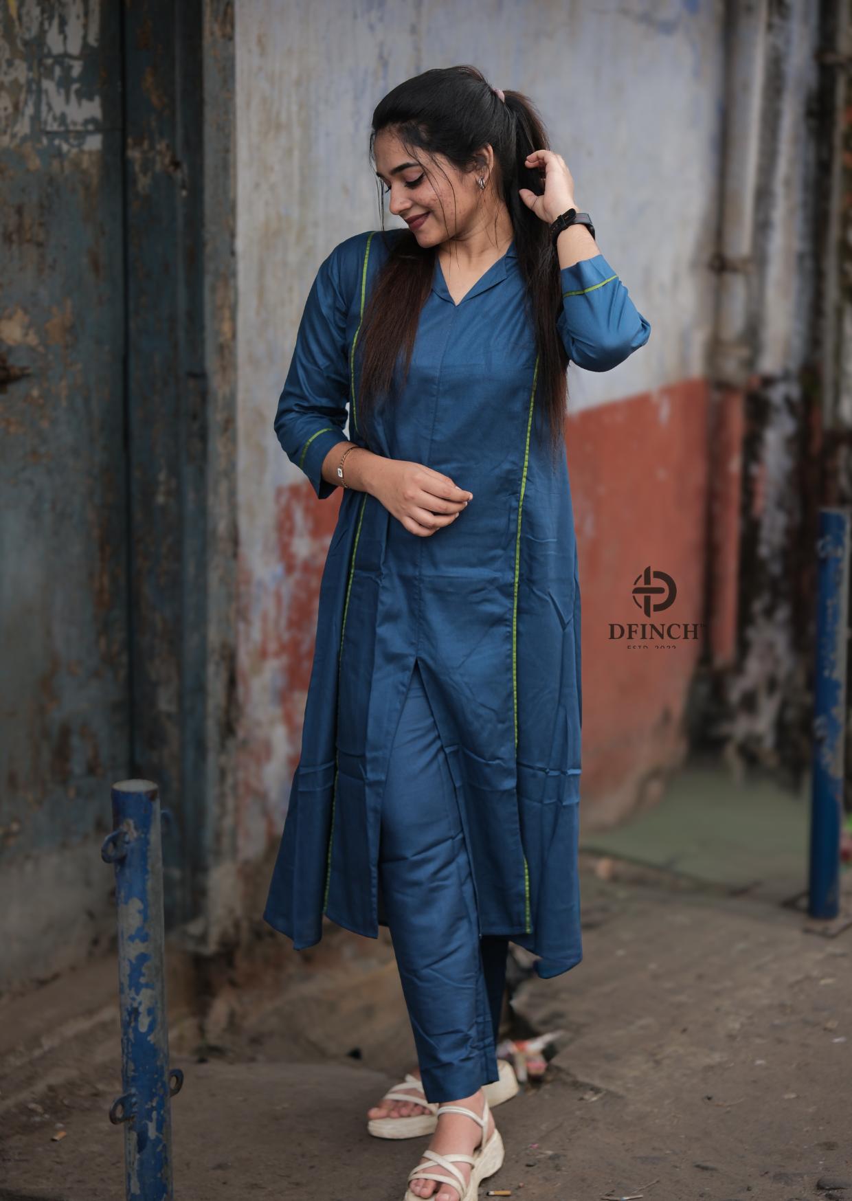 Simple Solid Blue Straight Kurti Set For Women | Dfinch image 2
