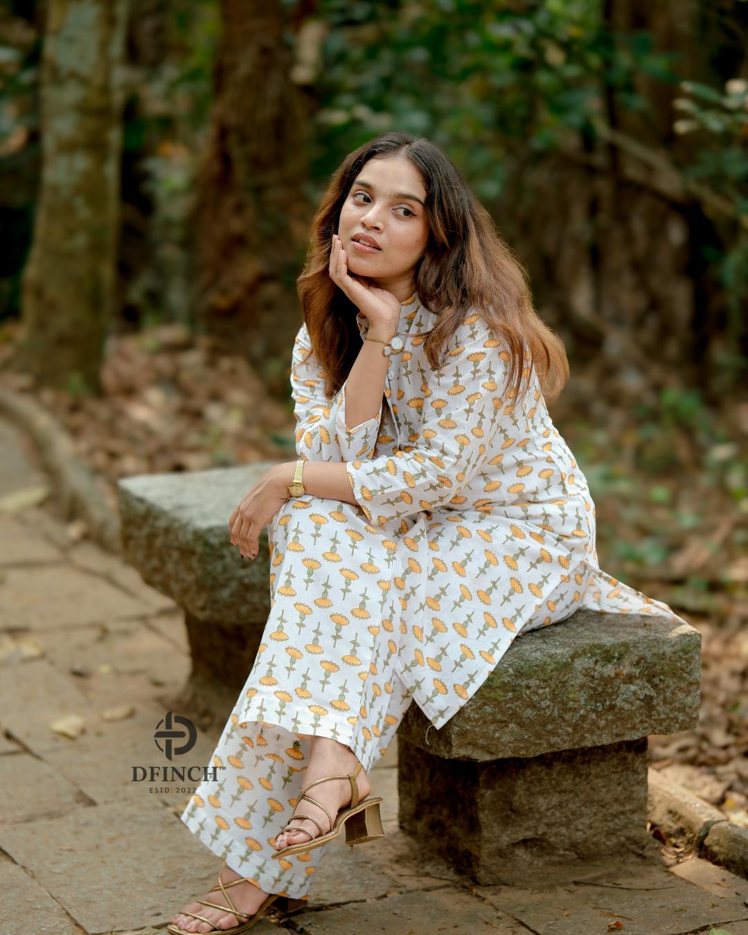 Off-white Marigold Buti Kurta Palazzo Set | Dfinchfashions image 5