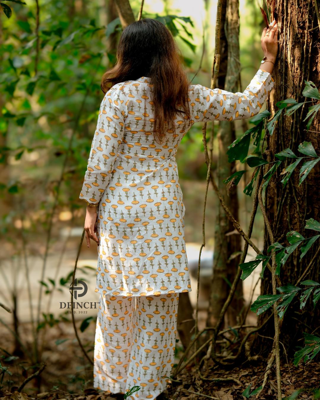 Off-white Marigold Buti Kurta Palazzo Set | Dfinchfashions image 6