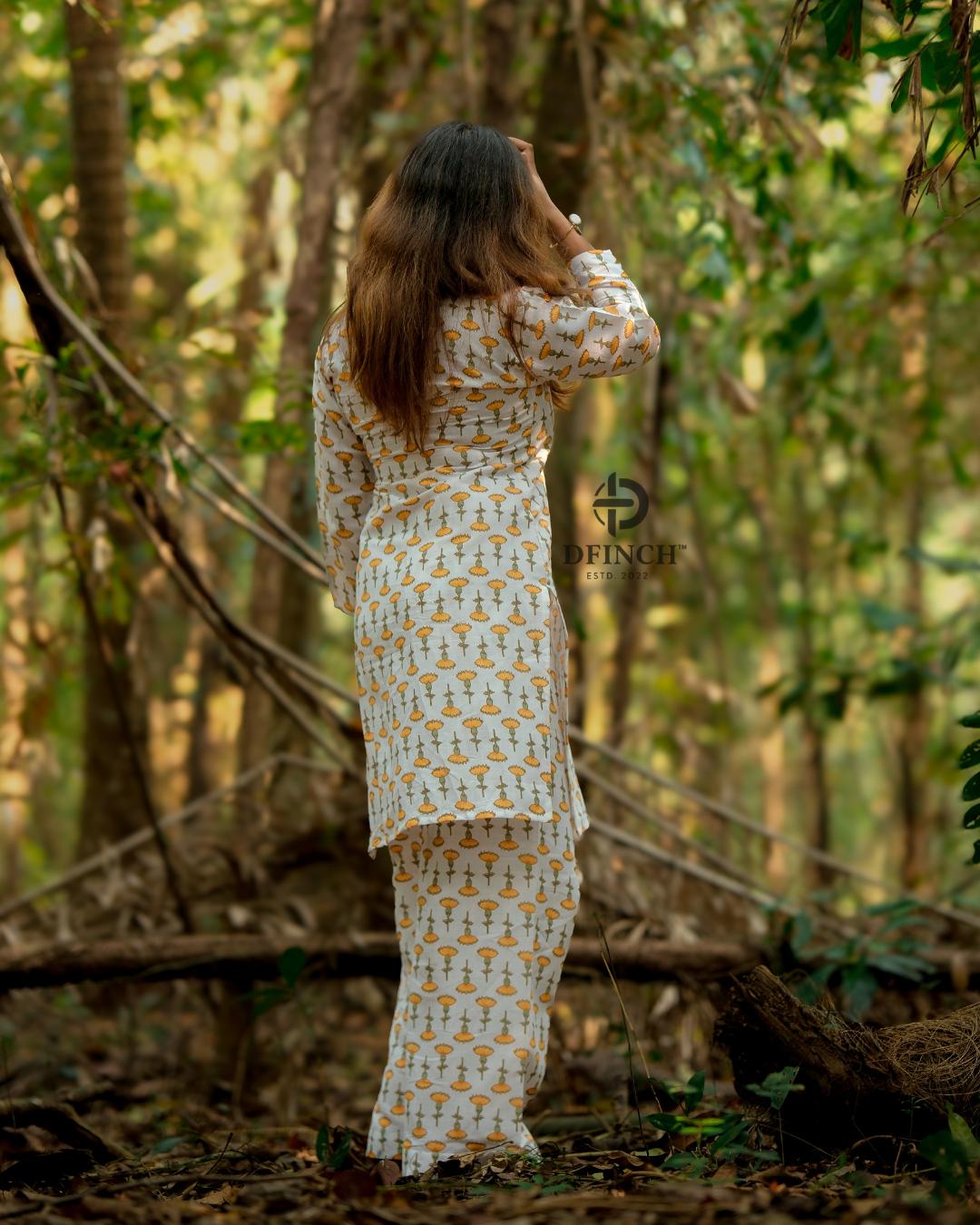 Off-white Marigold Buti Kurta Palazzo Set | Dfinchfashions image 7