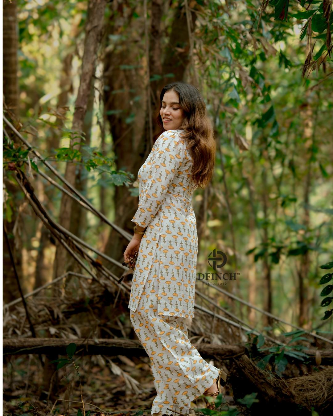 Off-white Marigold Buti Kurta Palazzo Set | Dfinchfashions image 8