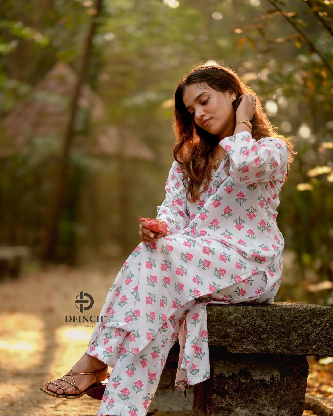 White Pink Floral Kurta Palazzo Set | Co-ord Set For Women image 6