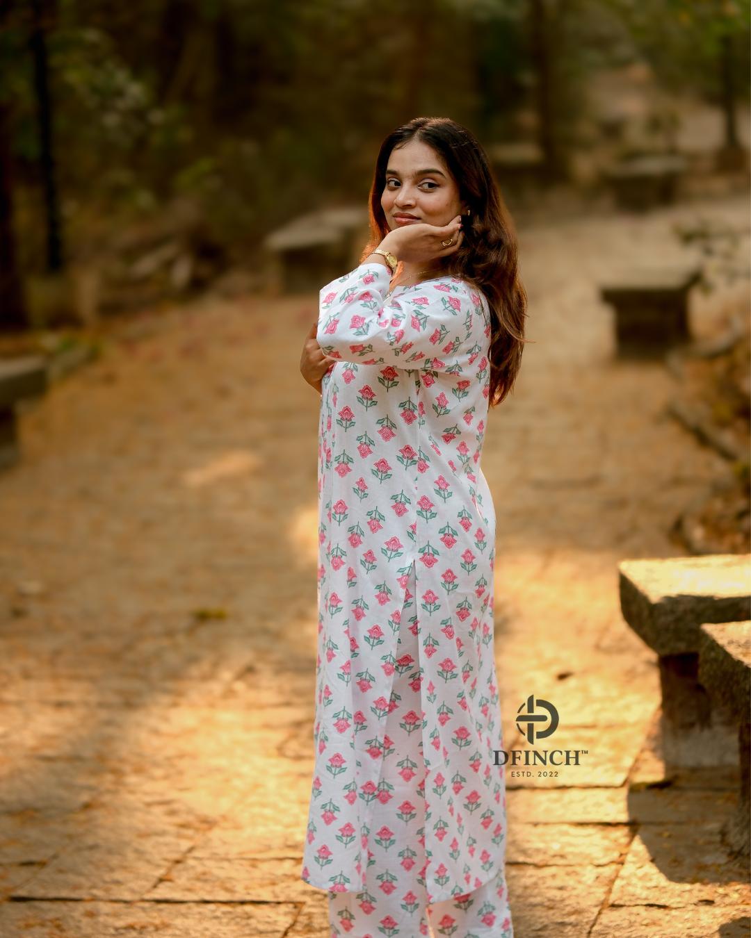 White Pink Floral Kurta Palazzo Set | Co-ord Set For Women image 7