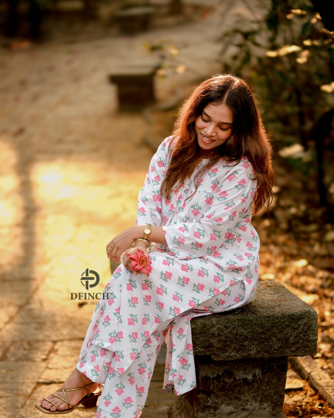 White Pink Floral Kurta Palazzo Set | Co-ord Set For Women image 8