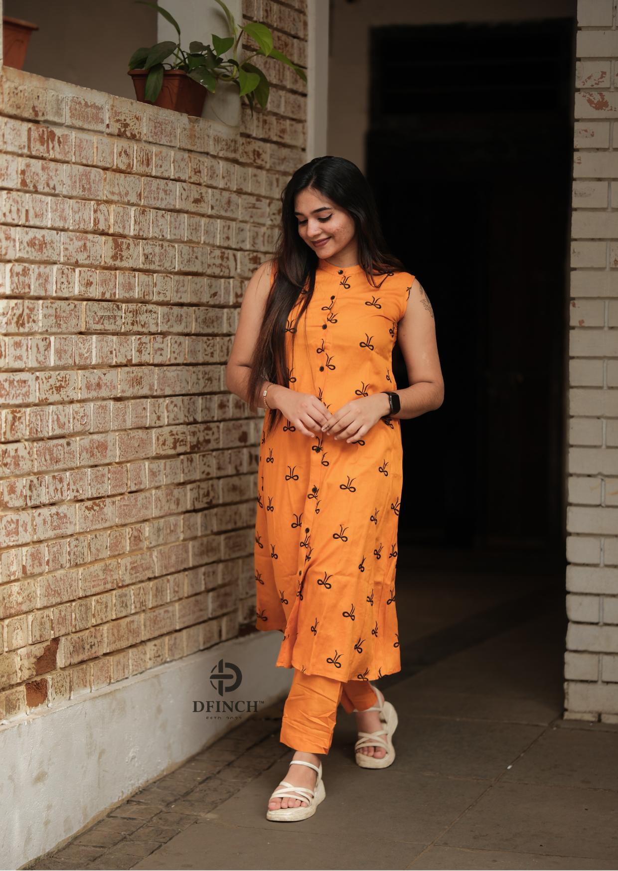 Mustard Printed Sleeveless Kurti Set | Button Neck Style image 6