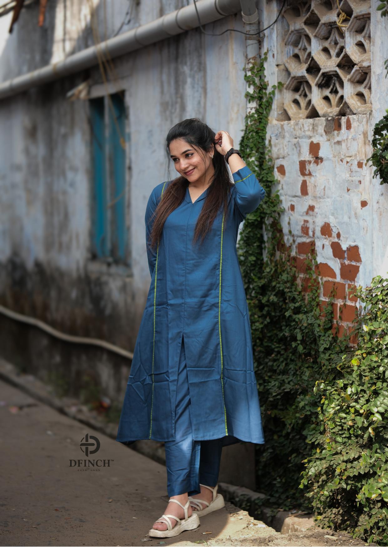 Simple Solid Blue Straight Kurti Set For Women | Dfinch image 5