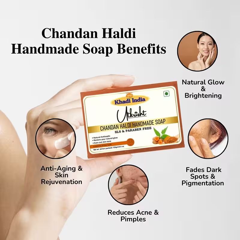 Utkrisht Khadi Handmade Chandan Haldi Bathing Soap For Anti-aging And Glowing Skin (500GM)- Pack Of 4
