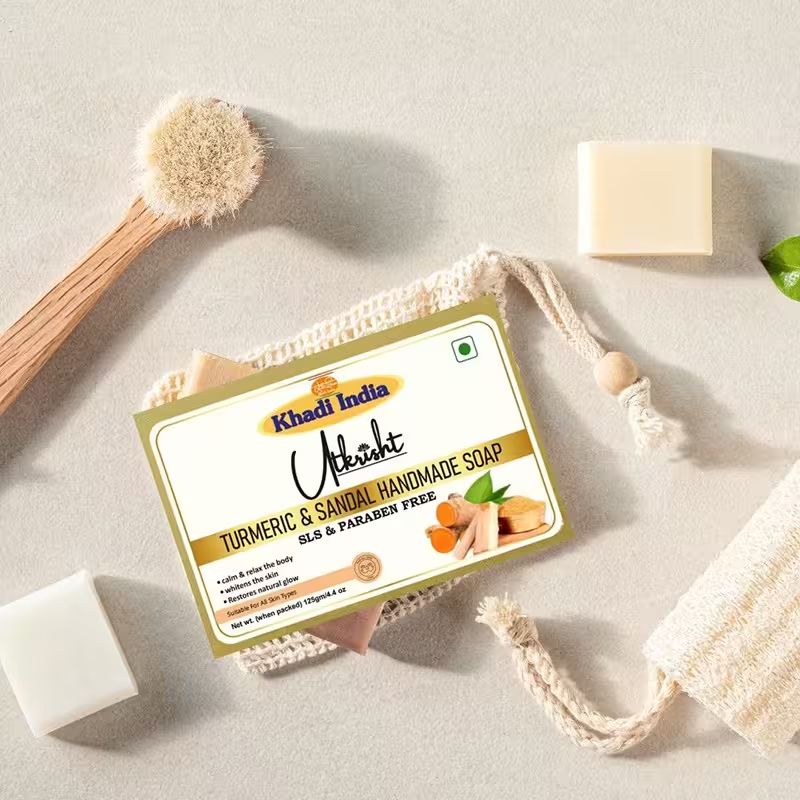 Utkrisht Khadi Turmeric & Sandal Handmade Bathing Soap For Even Skin Tone & Breakouts (500GM)- Pack Of 4
