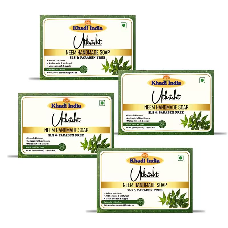 Utkrisht Khadi Handmade Neem Bathing Soap Removes Dirt, Impurities & Excess Oil (500GM)- Pack Of 4