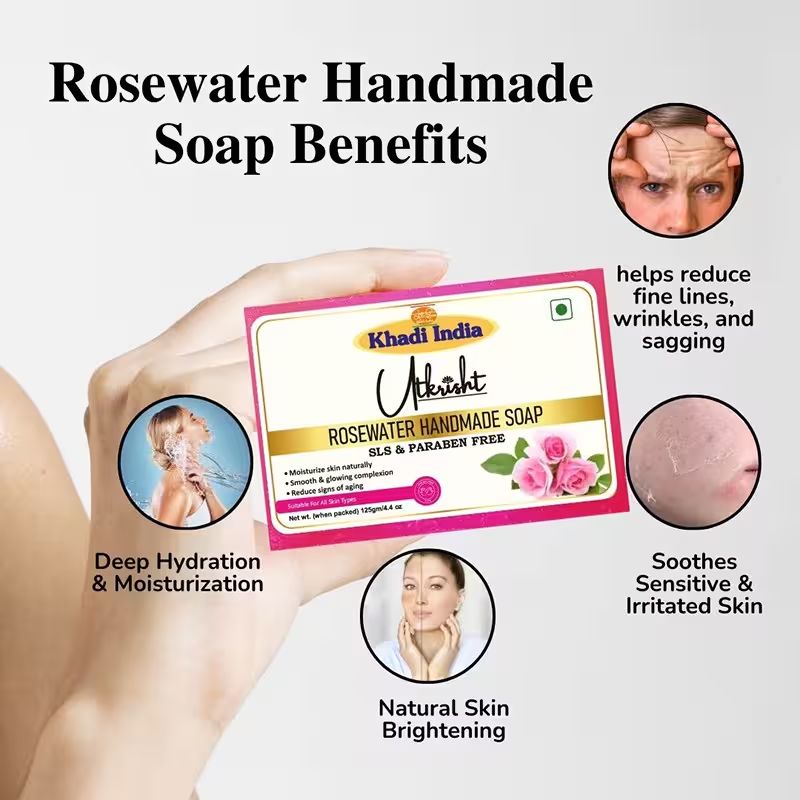 Utkrisht Khadi Herbal Rosewater Handmade Bathing Soap Perfect For Glowing Skin (500GM)- Pack Of 4